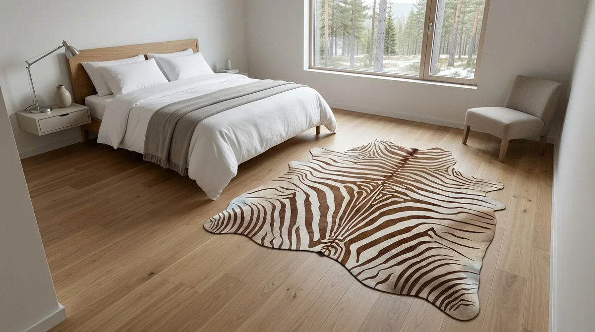 Brown and White cowhide rug beside bed in scandinavian cabin bedroom