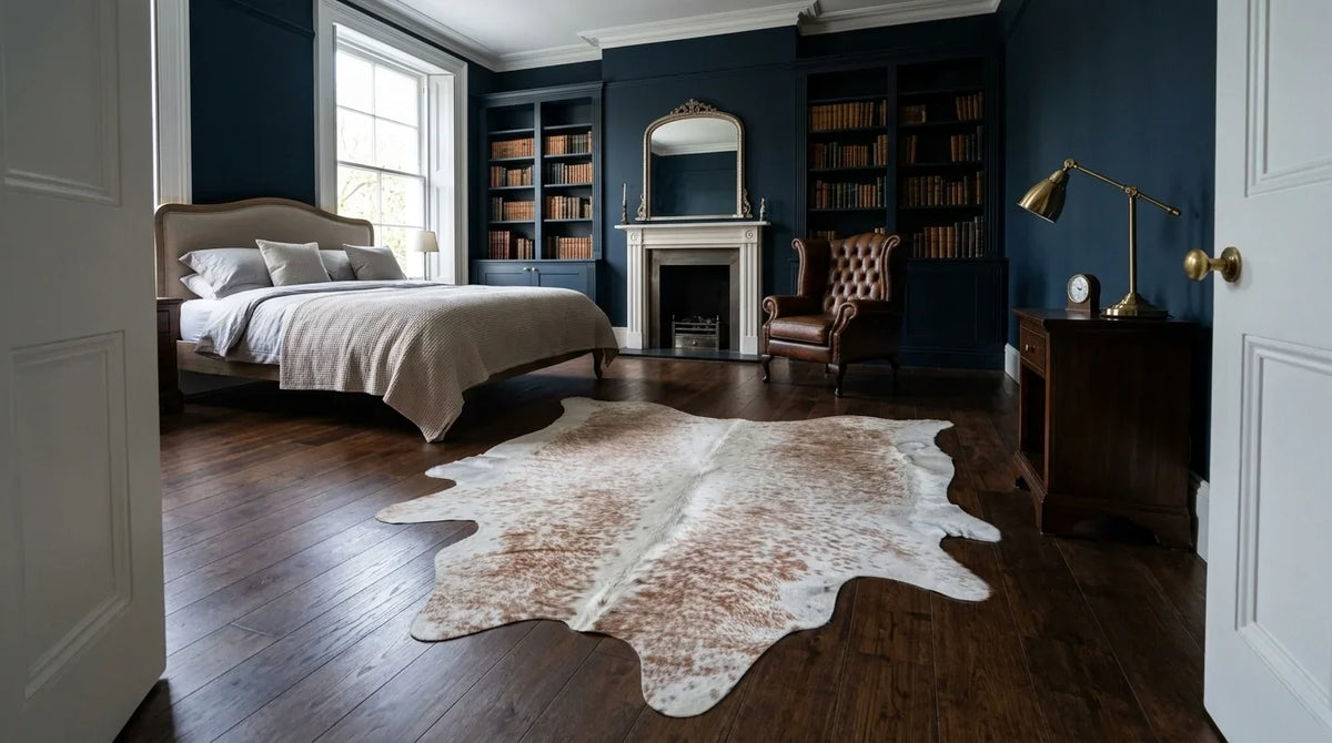 Brown and White cowhide rug beside bed in london townhouse bedroom