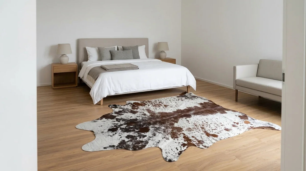 Brown and White cowhide rug beside bed in Contemporary European bedroom