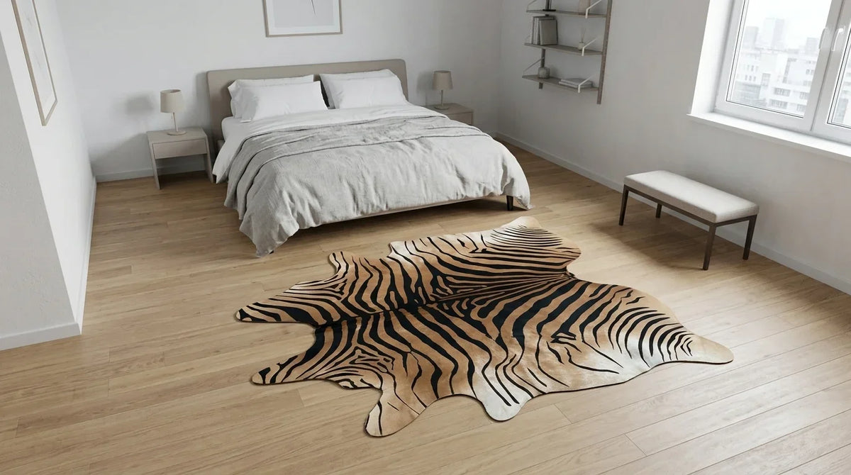 Brown and White cowhide rug beside bed in contemporary european bedroom