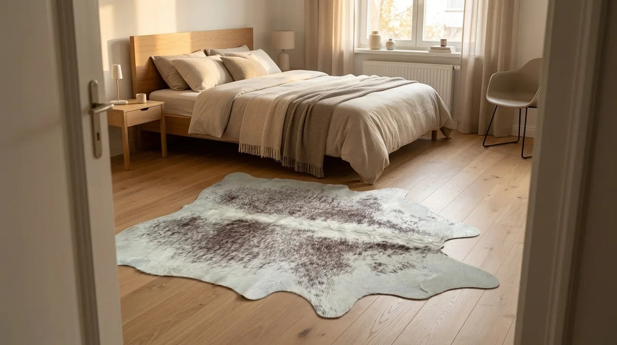 Brown and White cowhide rug beside bed in contemporary european bedroom