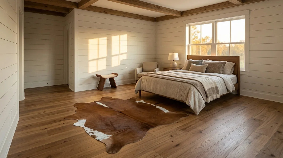 Brown and White cowhide rug beside bed in Modern Farmhouse bedroom