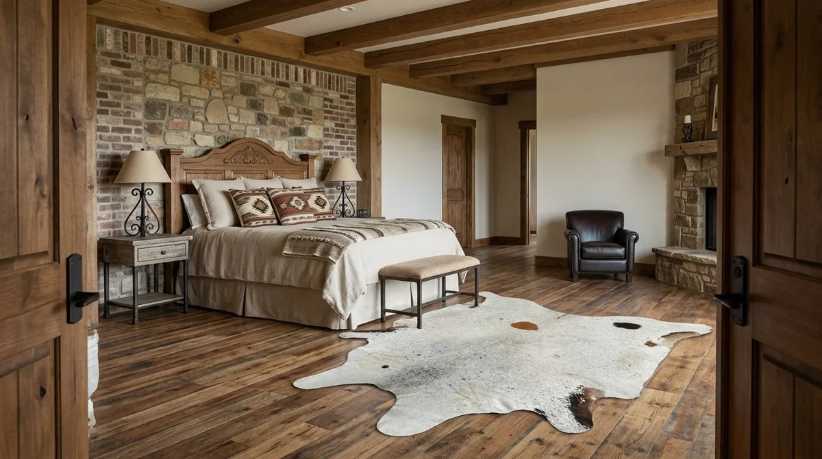 Brown and White cowhide rug beside bed in texas ranch bedroom