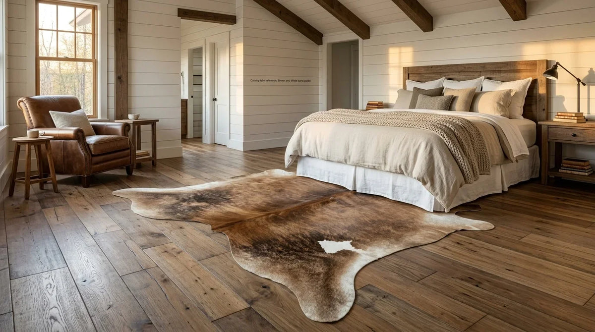 Brown and White cowhide rug beside bed in modern farmhouse bedroom