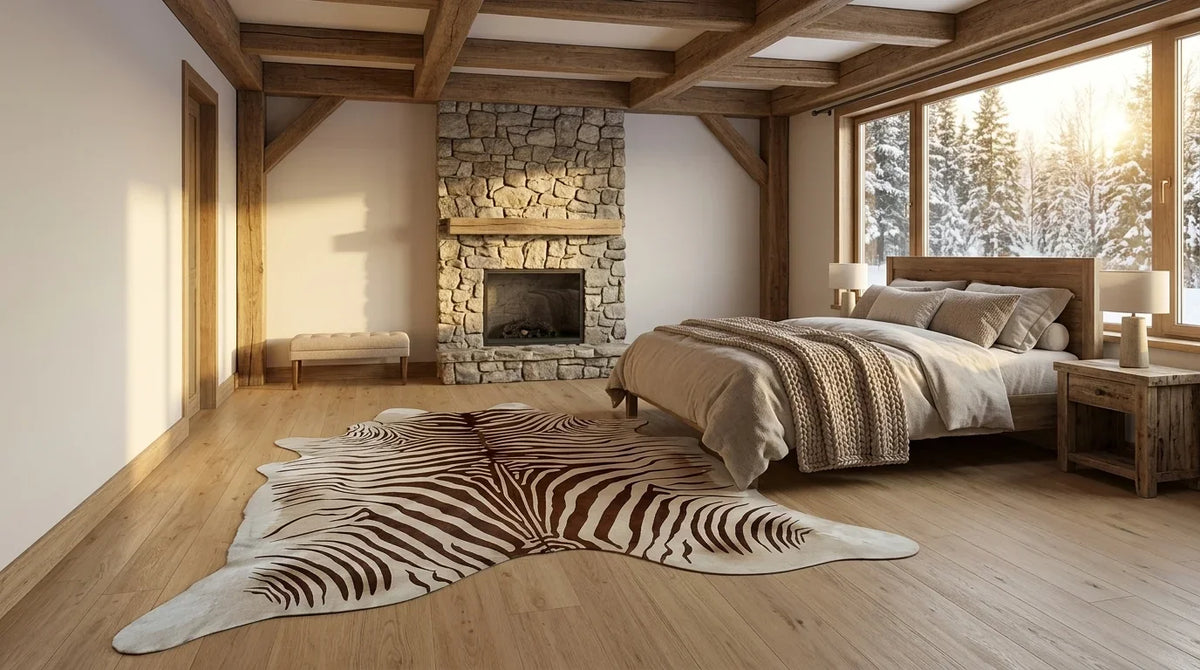 Brown and White cowhide rug beside bed in modern chalet bedroom