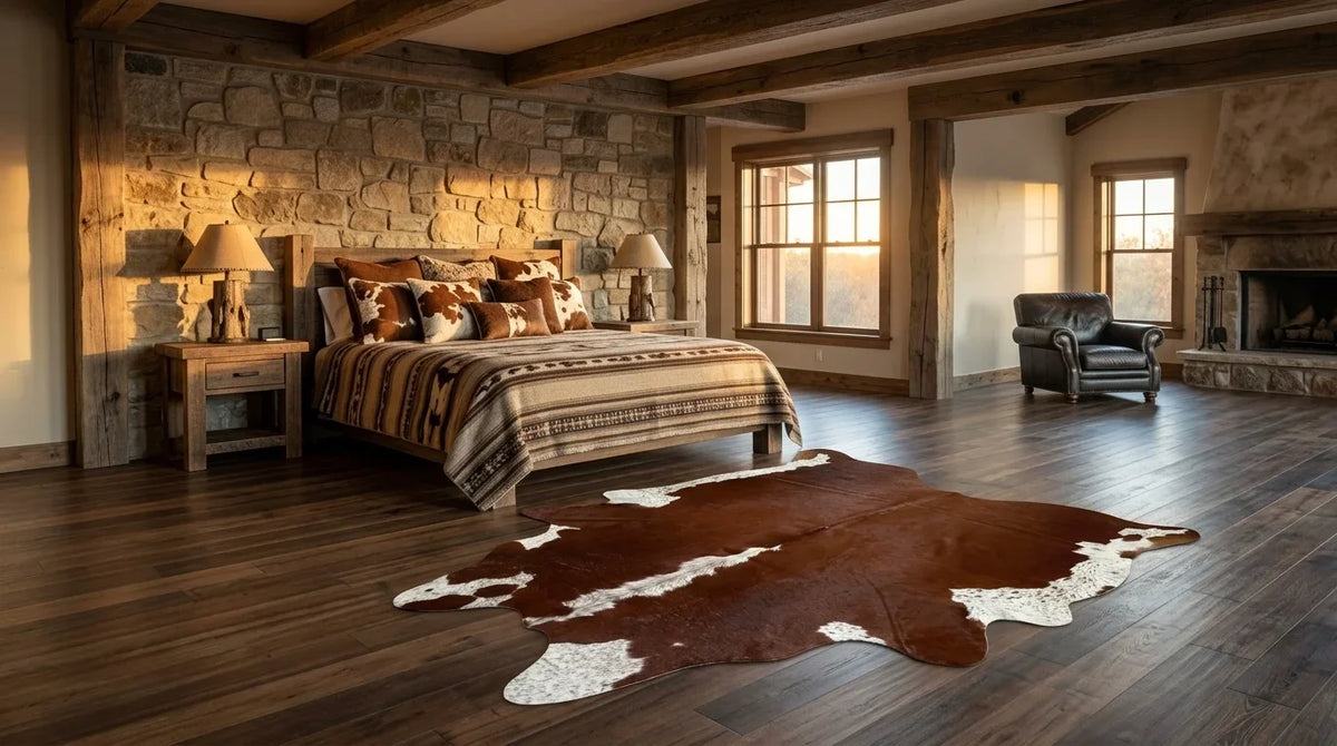 Brown and White cowhide rug beside bed in texas ranch bedroom