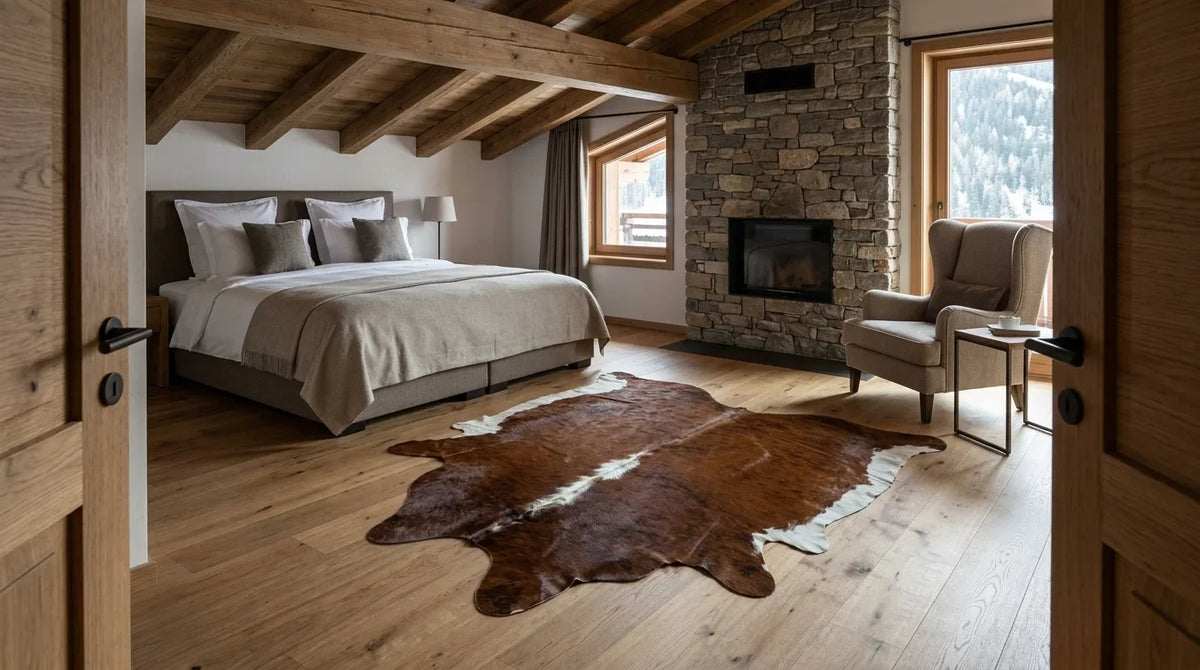Brown and White cowhide rug beside bed in modern chalet bedroom