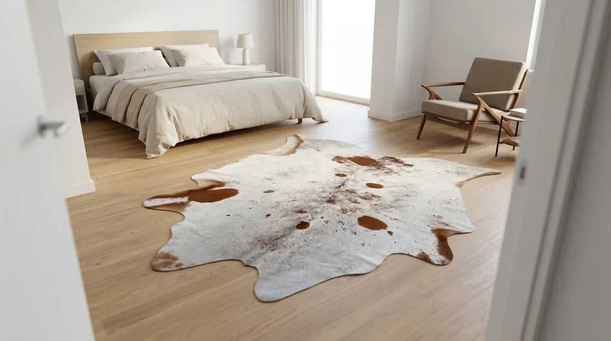Brown and White cowhide rug beside bed in contemporary european bedroom