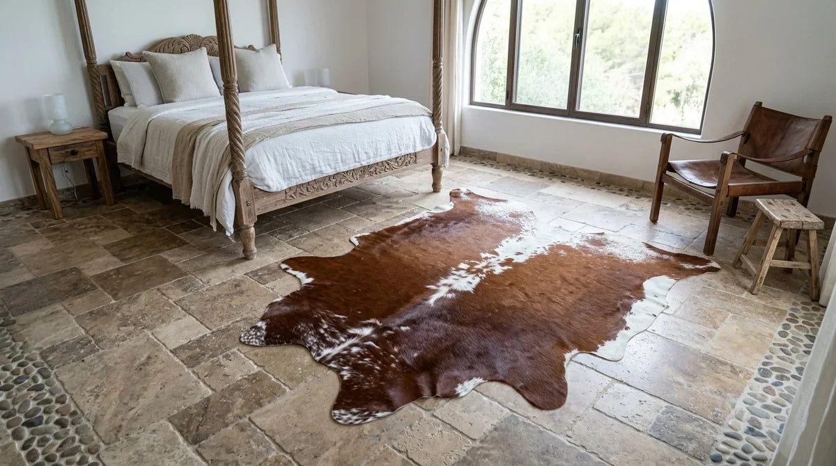 Brown and White cowhide rug beside bed in Organic Mediterranean bedroom
