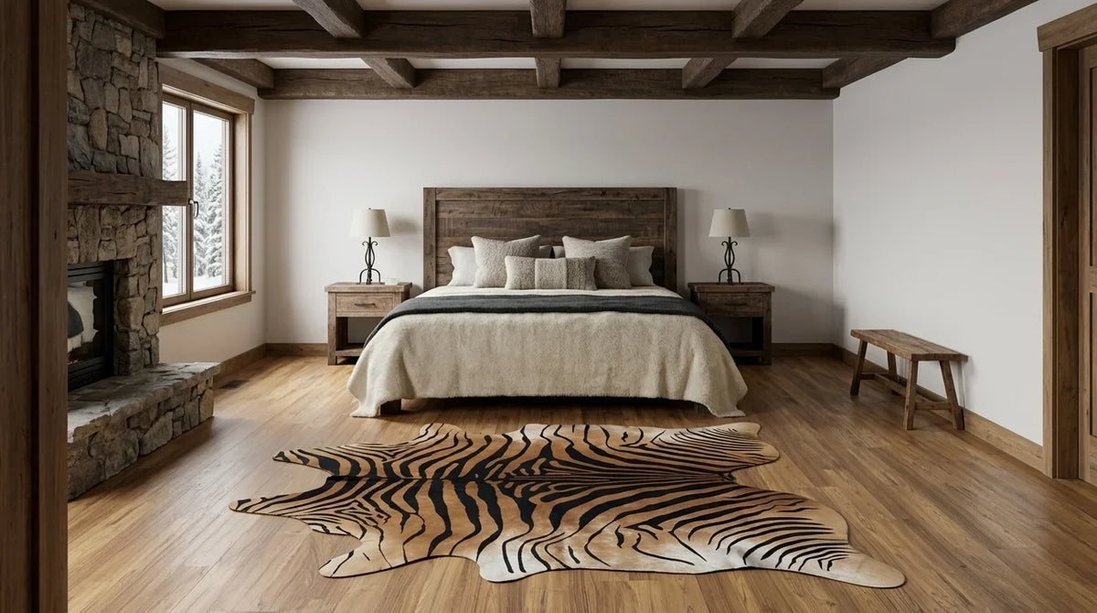 Brown and White cowhide rug beside bed in modern chalet bedroom