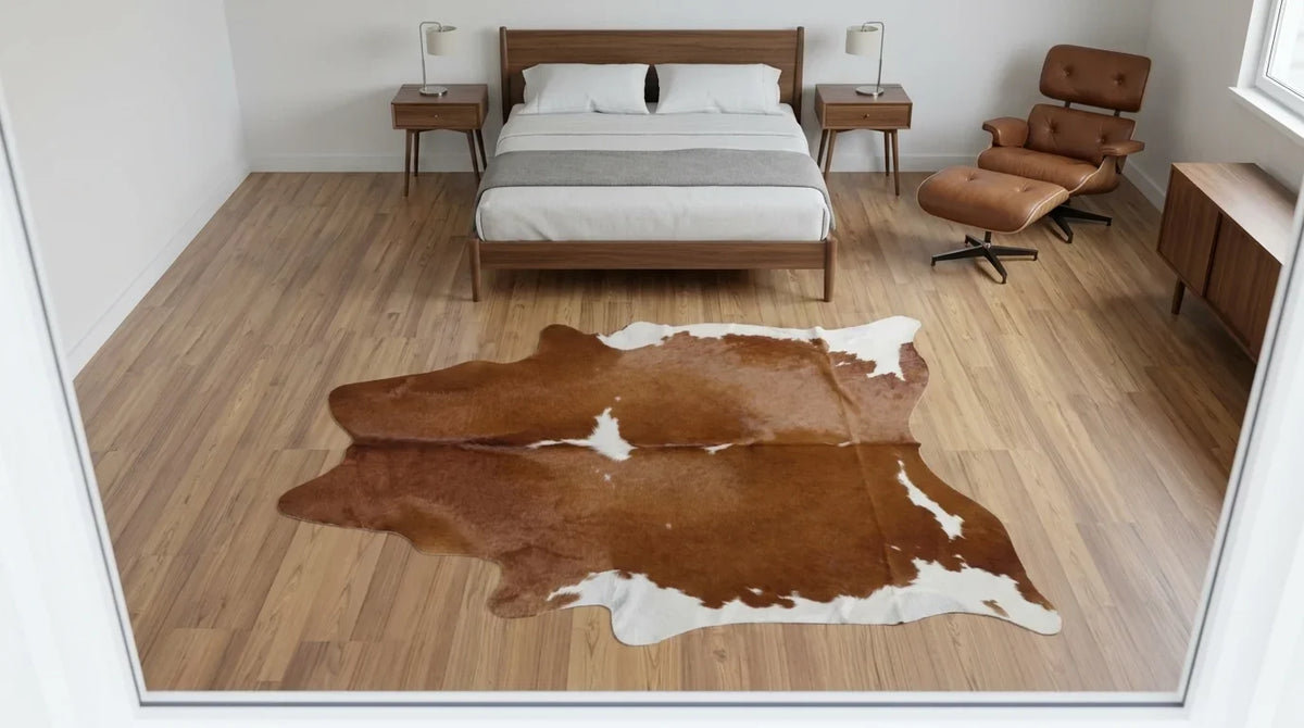 Brown and White cowhide rug beside bed in Midcentury Modern bedroom