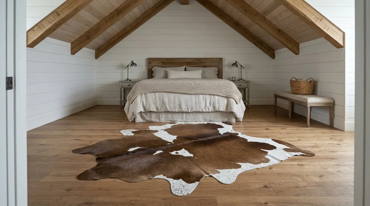 Brown and White cowhide rug beside bed in modern farmhouse bedroom