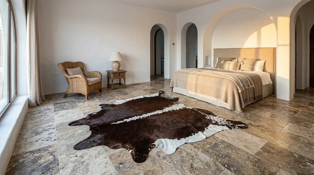 Brown and White cowhide rug beside bed in Organic Mediterranean bedroom