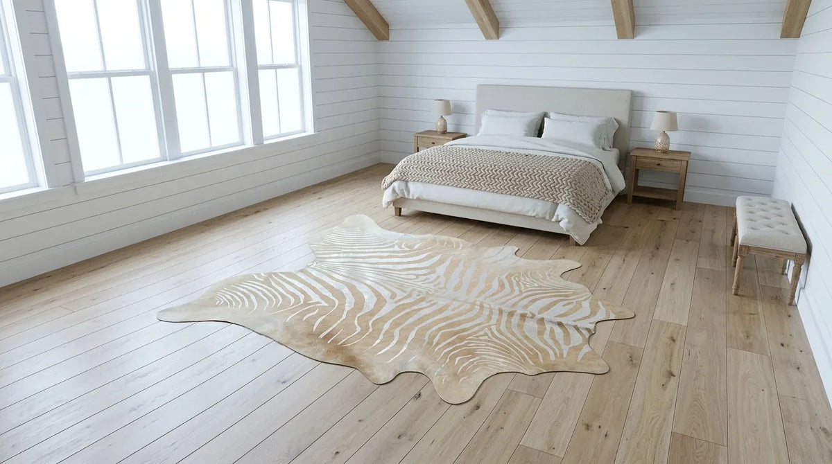 Brown and White cowhide rug beside bed in modern farmhouse bedroom