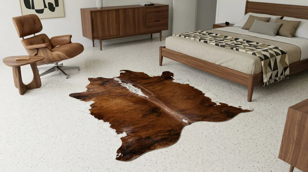 Brown and White cowhide rug beside bed in Midcentury Modern bedroom