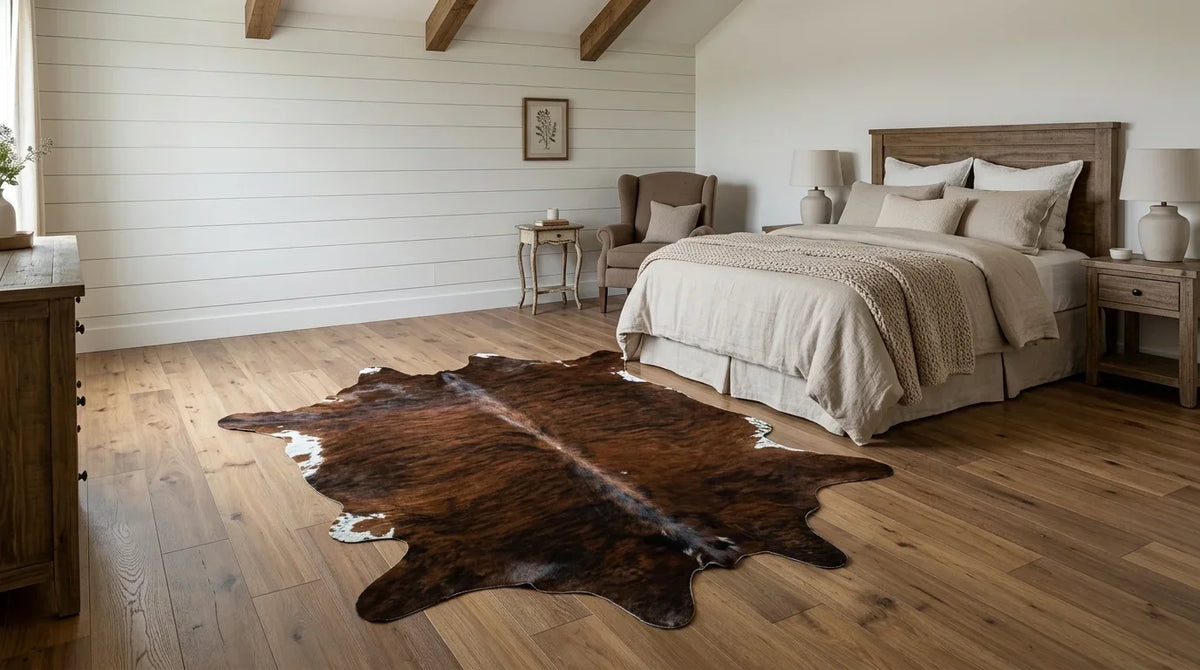 Brown and White cowhide rug beside bed in modern farmhouse bedroom