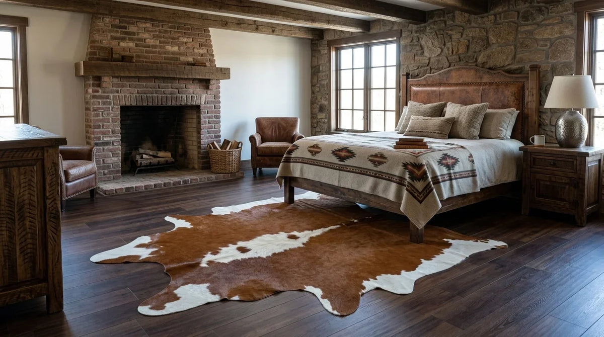 Brown and White cowhide rug beside bed in texas ranch bedroom