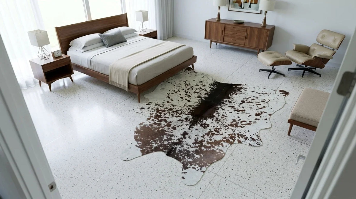 Brown and White cowhide rug beside bed in midcentury modern bedroom