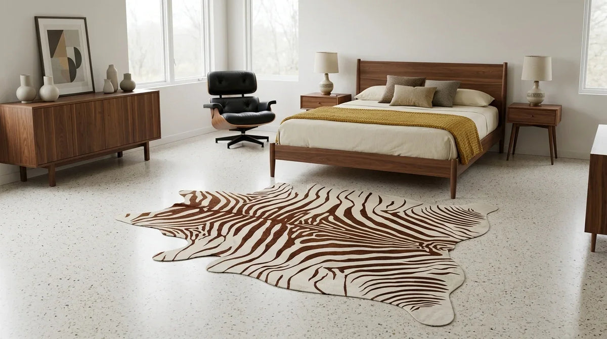 Brown and White cowhide rug beside bed in midcentury modern bedroom