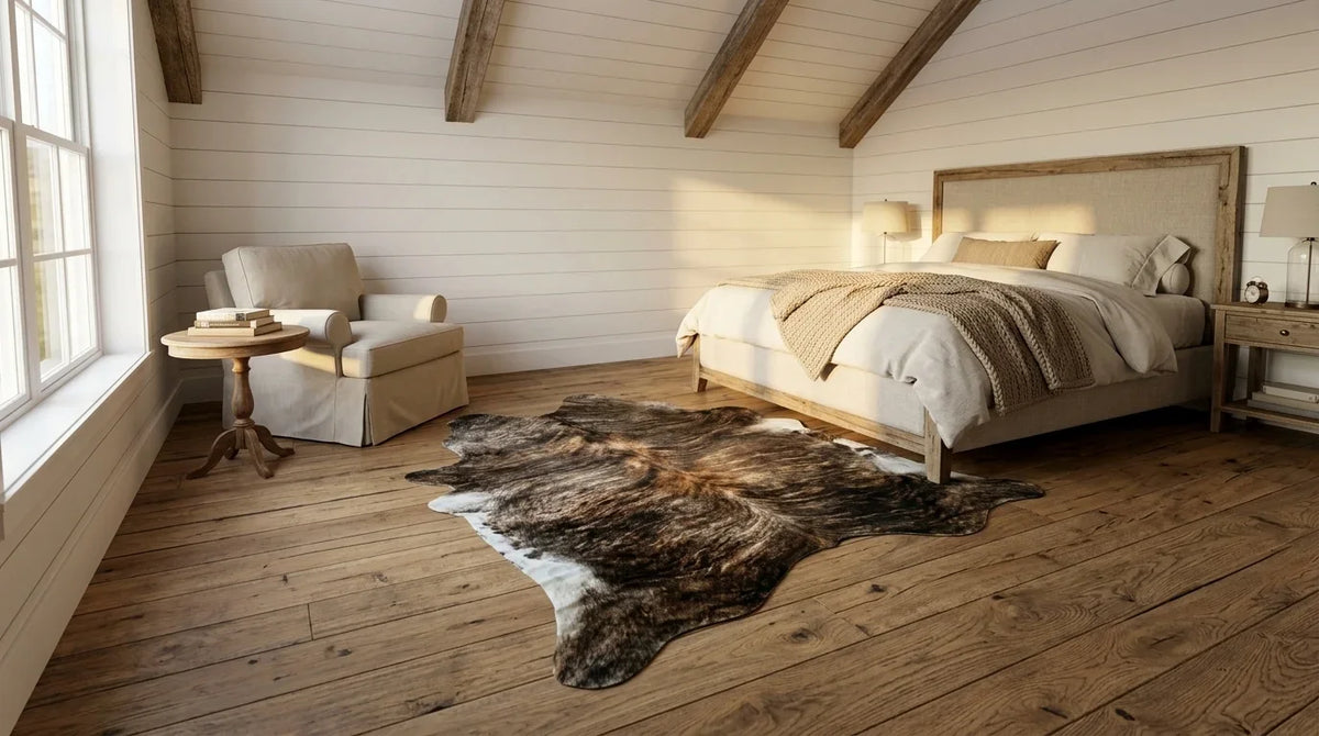 Brown and White cowhide rug beside bed in modern farmhouse bedroom