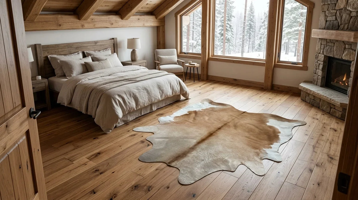 Kuhfell in Braun-Weiß im Schlafzimmer im alpinen Chalet-Stil