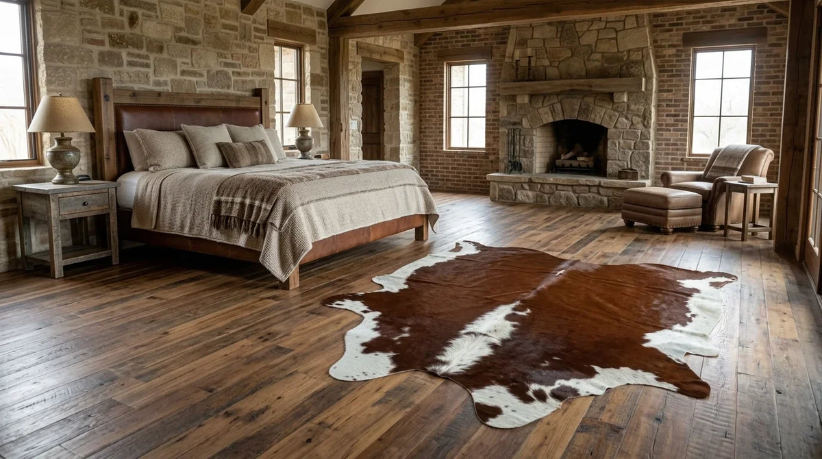Brown and White cowhide rug beside bed in texas ranch bedroom