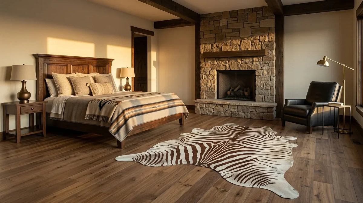 Brown and White cowhide rug beside bed in texas ranch bedroom