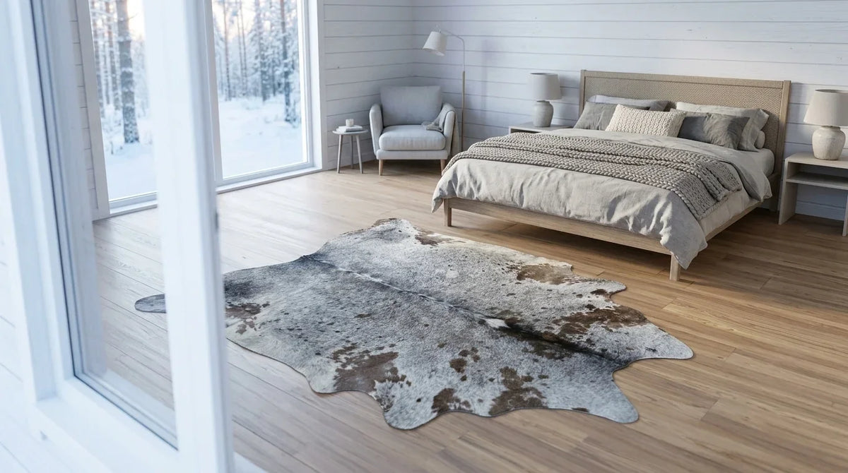 Kuhfell in Braun-Weiß im Schlafzimmer im skandinavischen Hüttenstil
