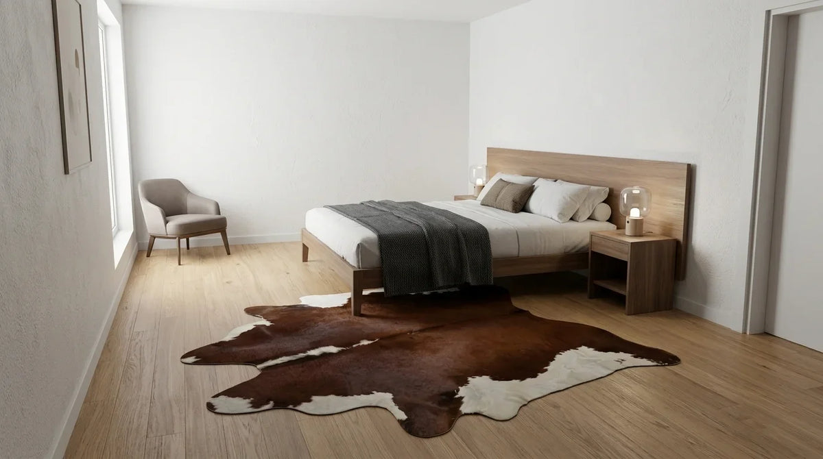 Brown and White cowhide rug beside bed in contemporary european bedroom
