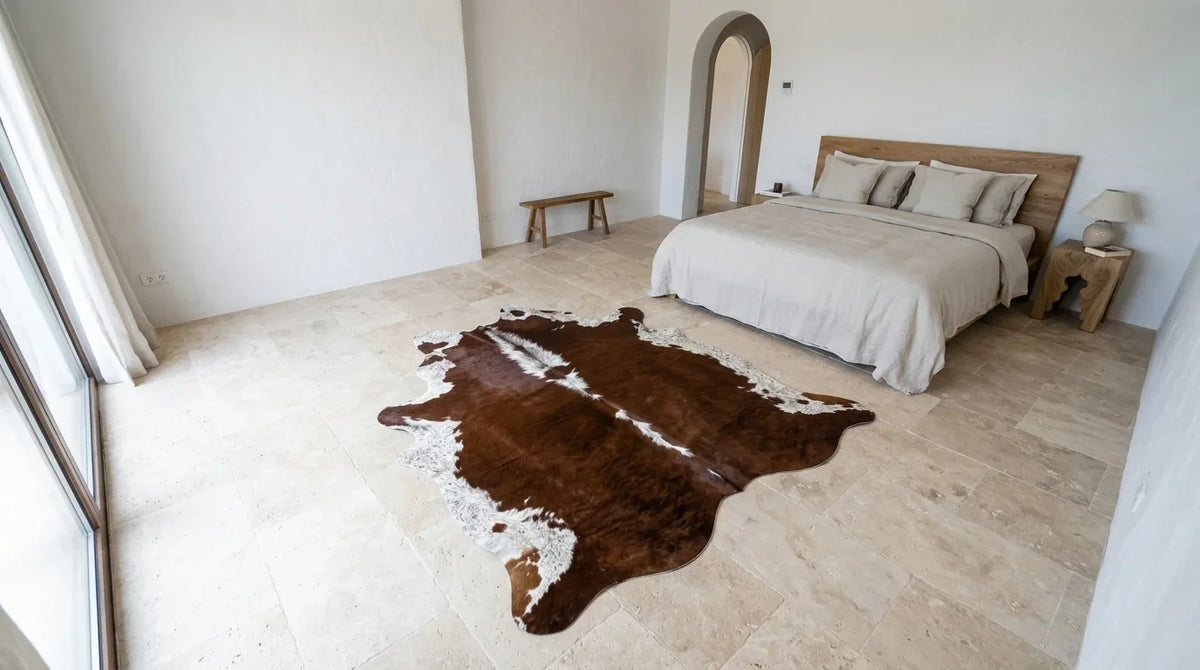 Brown and White cowhide rug beside bed in Organic Mediterranean bedroom