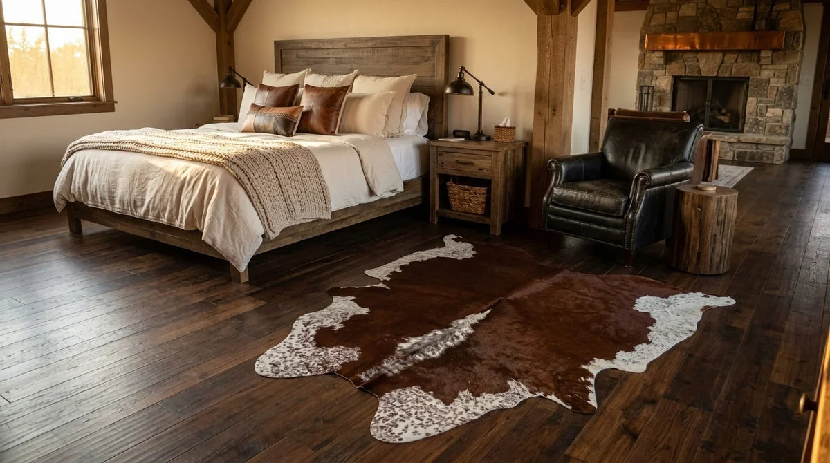 Brown and White cowhide rug beside bed in texas ranch bedroom