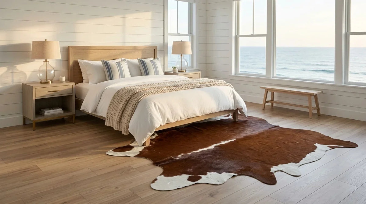 Kuhfell in Braun-Weiß im Schlafzimmer im Hamptons-Küstenstil