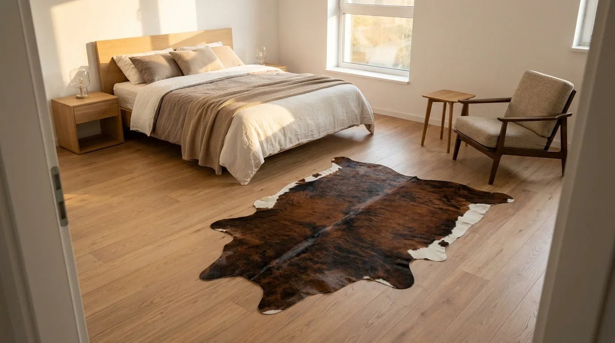 Brown and White cowhide rug beside bed in Contemporary European bedroom
