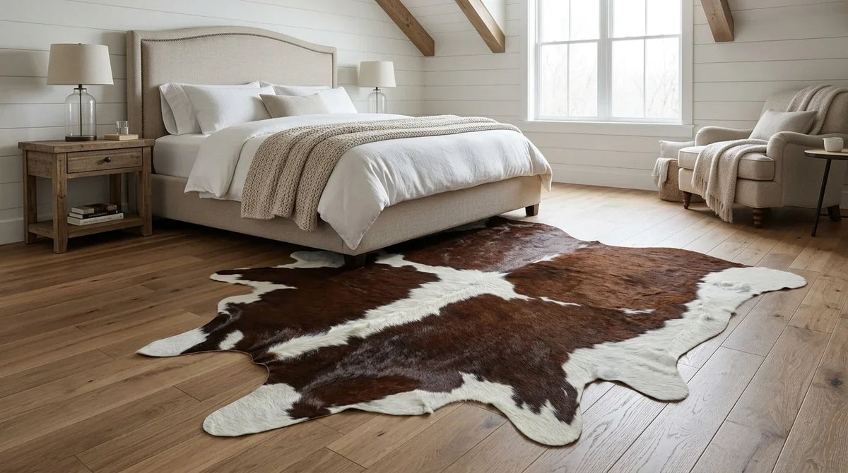 Brown and White cowhide rug beside bed in Modern Farmhouse bedroom