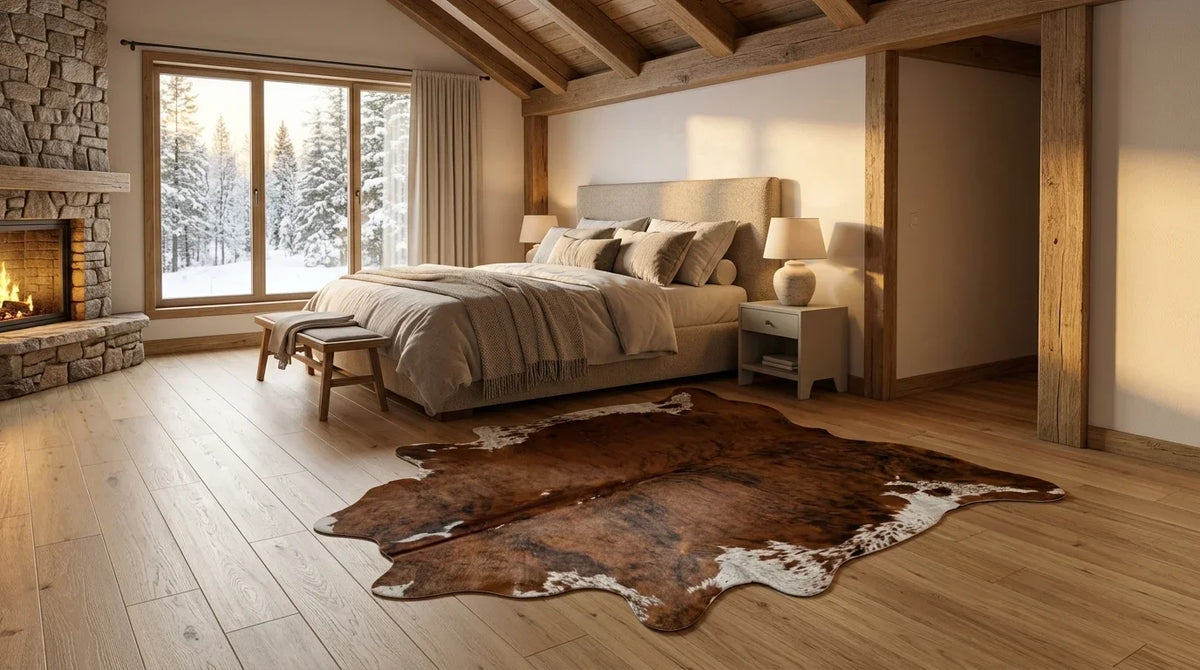 Brown and White cowhide rug beside bed in modern chalet bedroom