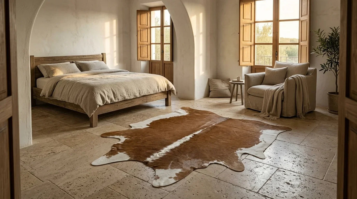 Brown and White cowhide rug beside bed in organic mediterranean bedroom