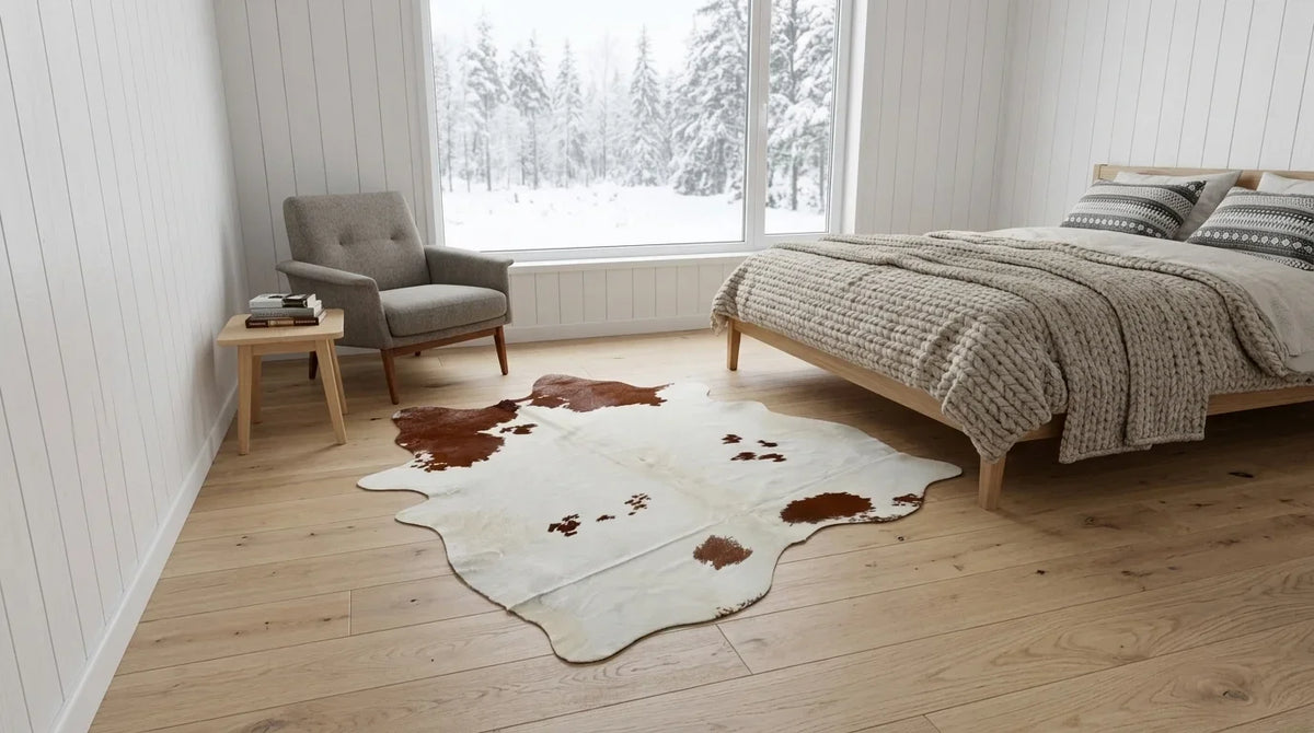 Kuhfell in Braun-Weiß im Schlafzimmer im skandinavischen Hüttenstil