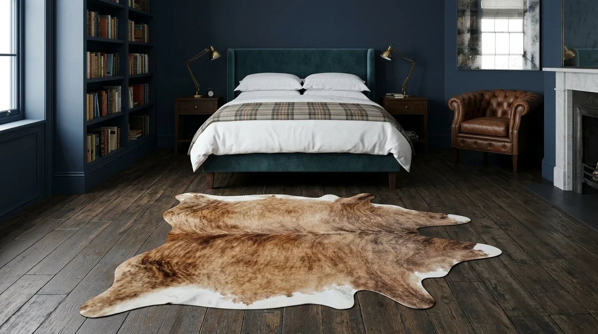 Kuhfell in Braun-Weiß im Schlafzimmer im Londoner Stadthaus-Stil