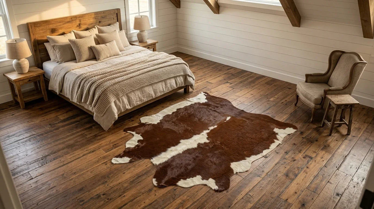 Brown and White cowhide rug beside bed in modern farmhouse bedroom