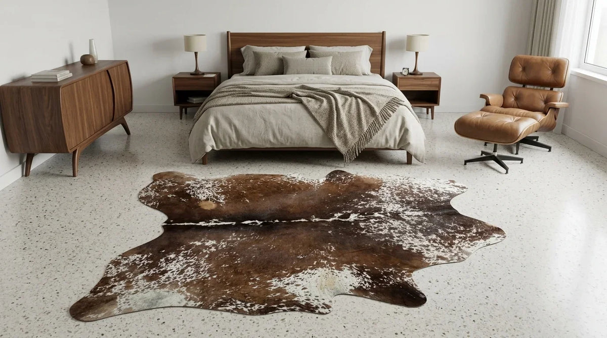 Brown and White cowhide rug beside bed in midcentury modern bedroom