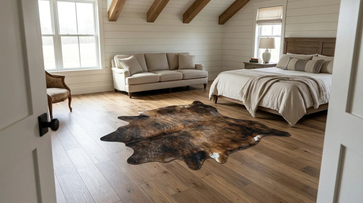 Brown and White cowhide rug beside bed in Modern Farmhouse bedroom