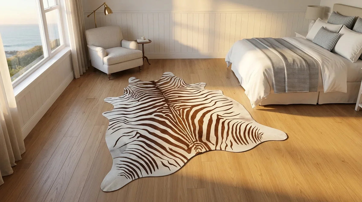 Brown and White cowhide rug beside bed in hamptons coastal bedroom
