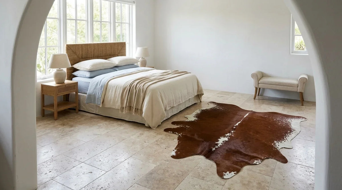 Kuhfell in Braun-Weiß im Schlafzimmer im mediterranen Villenstil