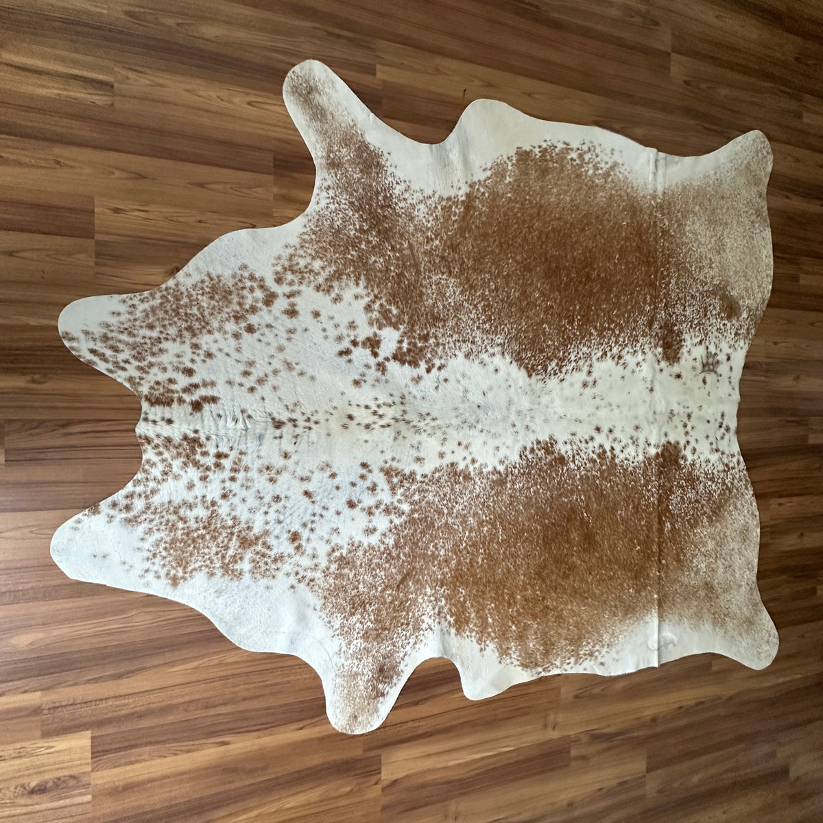 Brown and White cowhide rug, full overhead view — Large irregular tan and brown patches over cream and white base