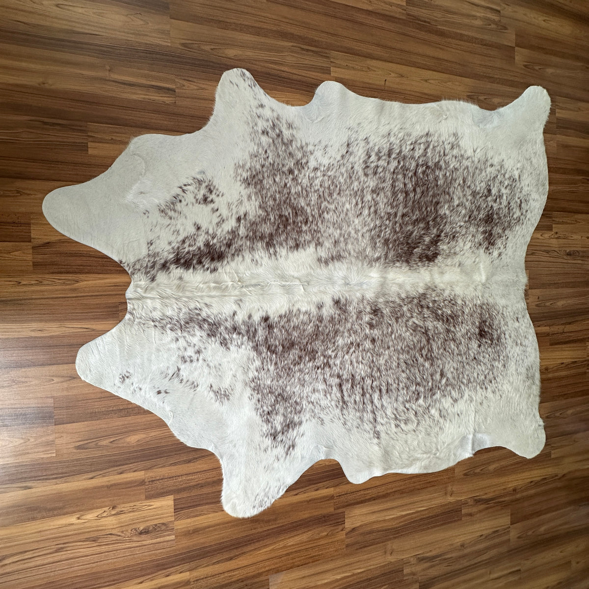 Brown and White cowhide rug, full overhead view — Large irregular brown patches and speckles over cream and white base