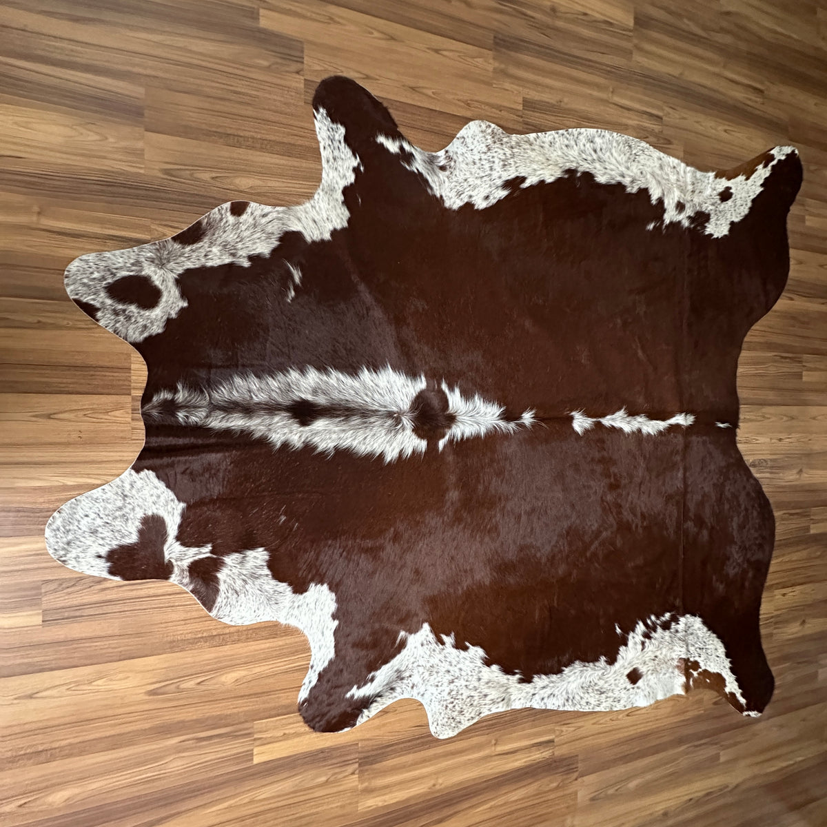 Brown and White cowhide rug, full overhead view
