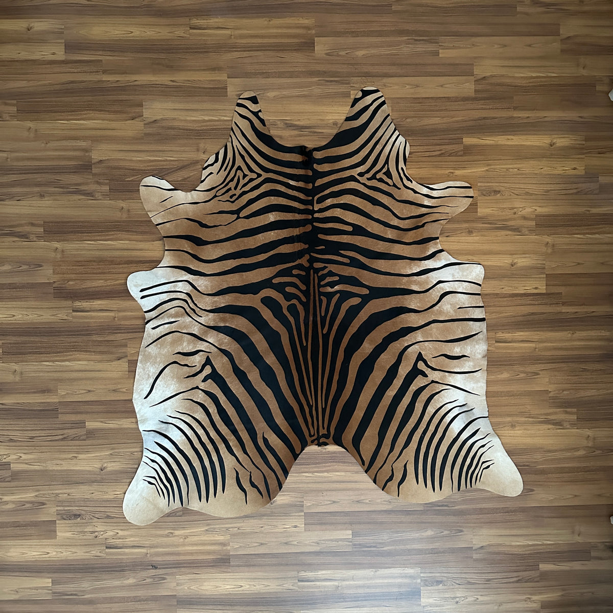 Brown and White zebra print cowhide rug, full overhead view — Bold black stripes radiating from center over cream and tan bas