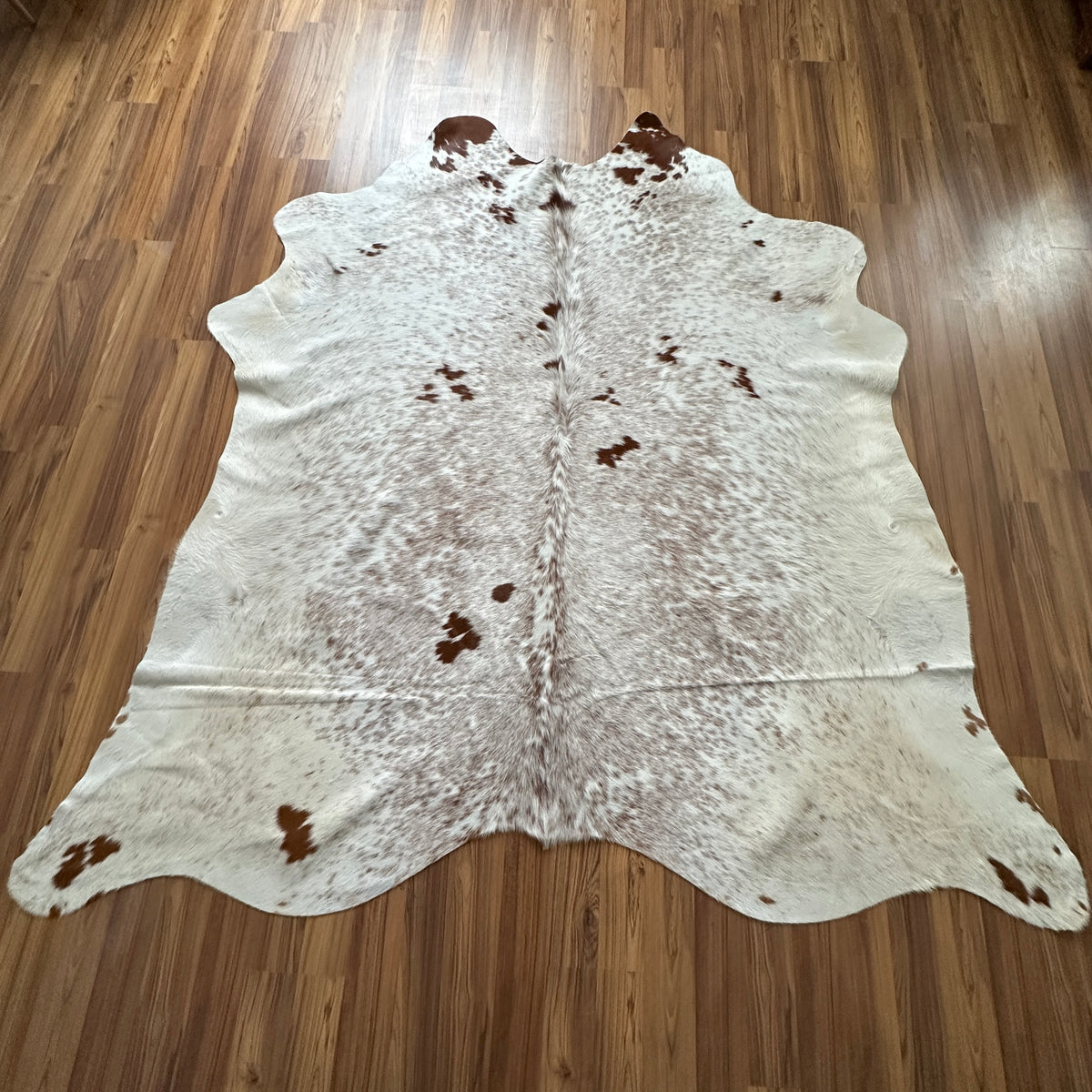 Brown and White cowhide rug, full overhead view