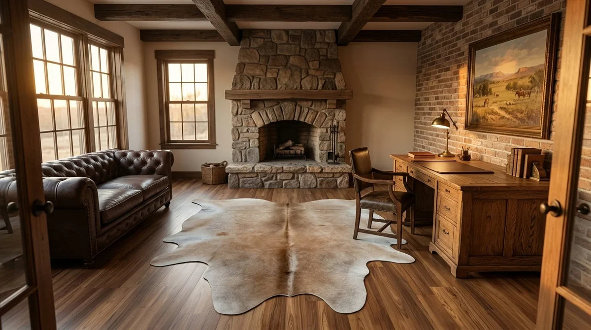 Brown and White cowhide rug under desk in Texas Ranch home office