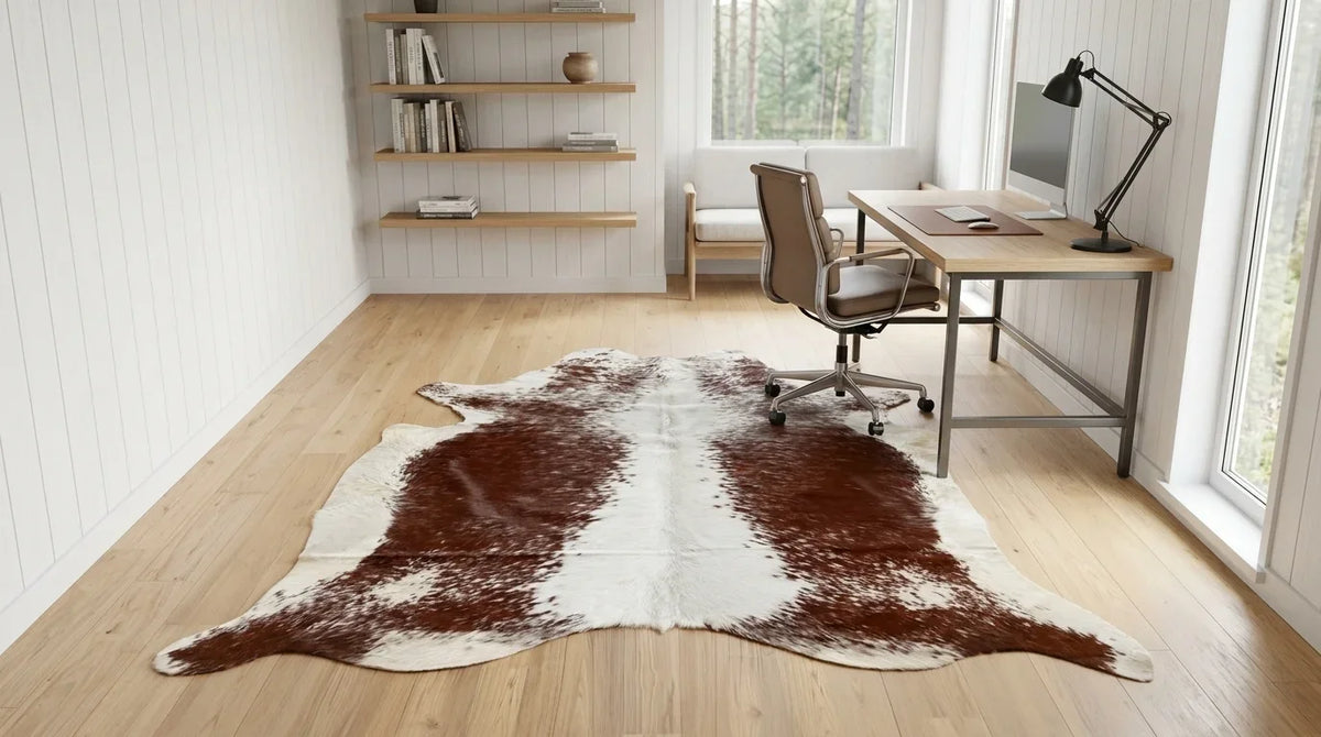 Brown and White cowhide rug under desk in scandinavian cabin home office